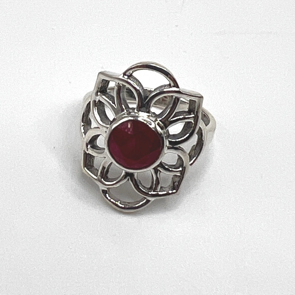 Sterling Silver 925 Red Ruby Floral Lotus Openwork Statement Ring Size 7.25 4.2g